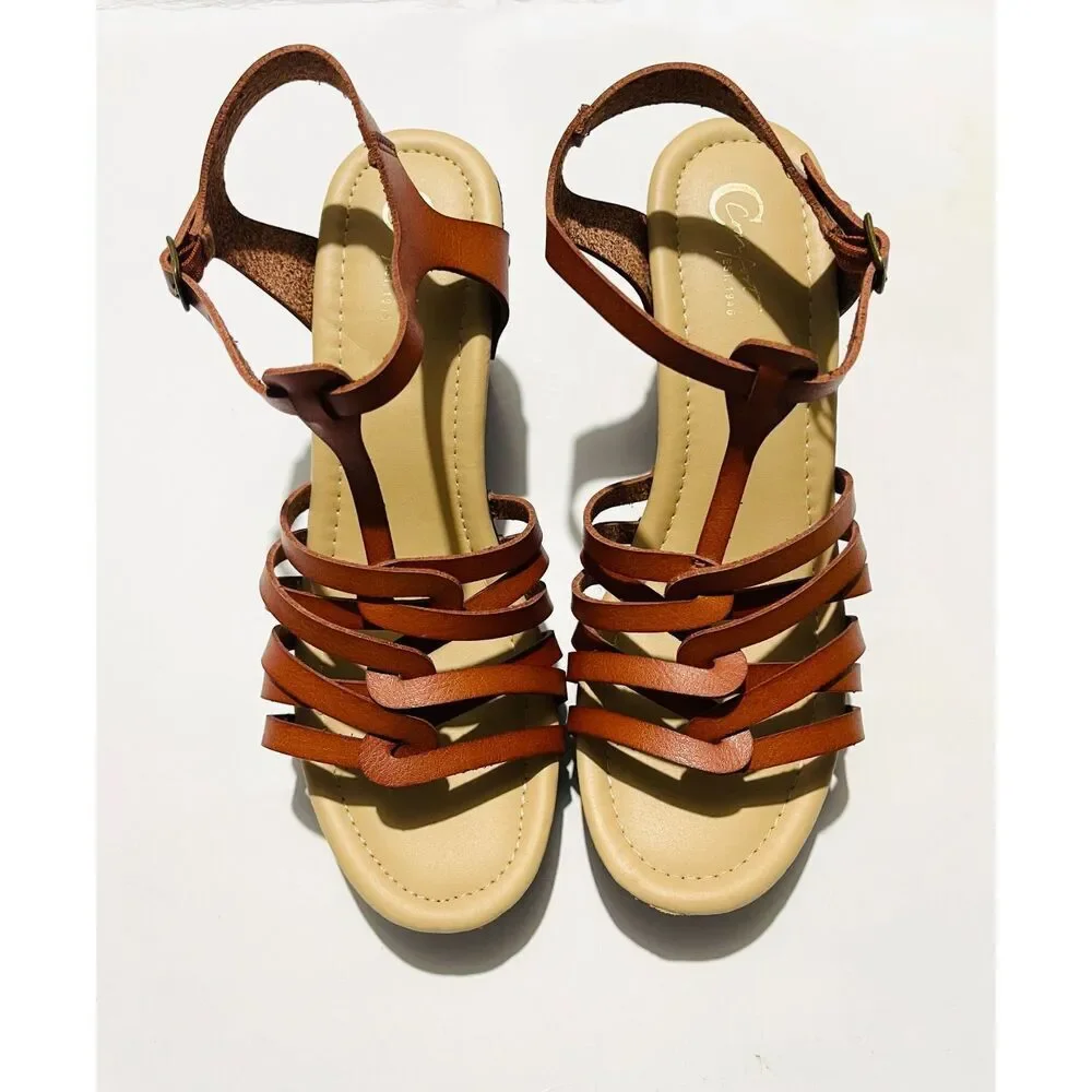 Comfort strappy sandals wedges brown Y2K platform casual summer women's 8